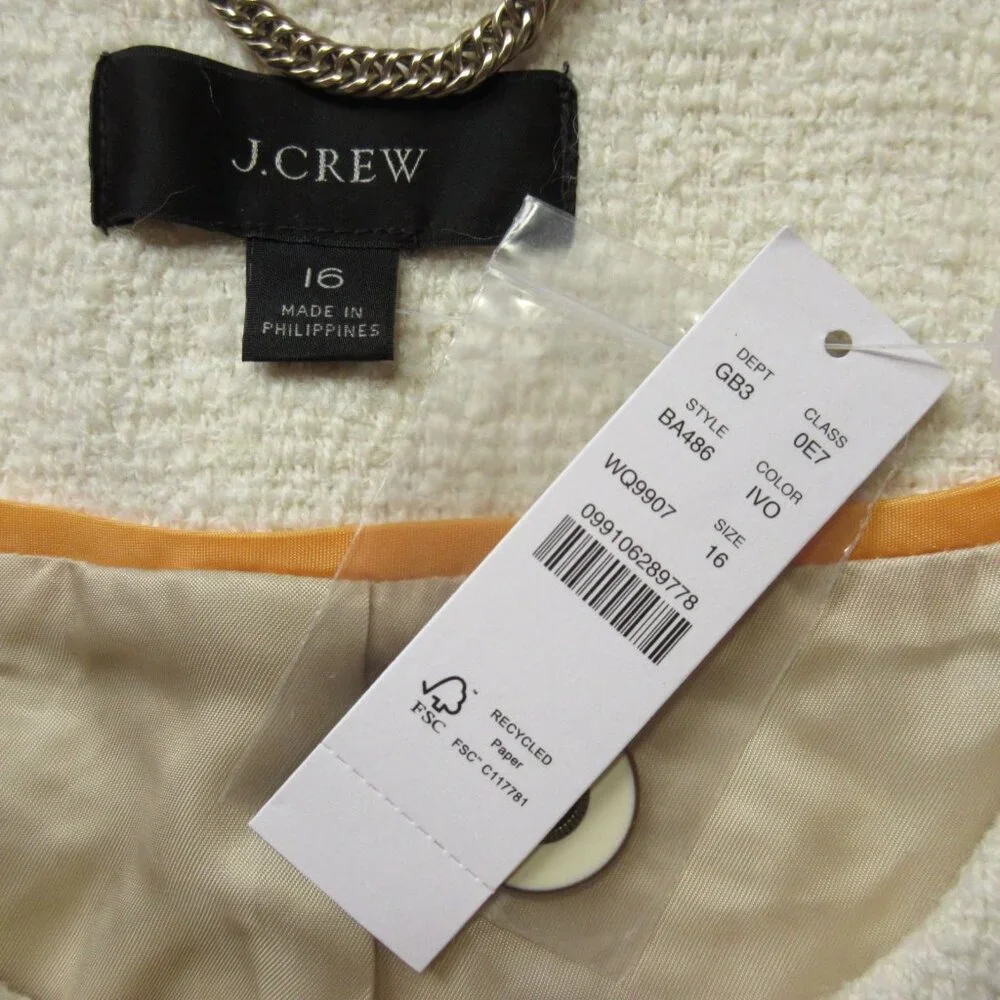 NWT J.Crew Lady Jacket in Ivory Maritime Tweed Collarless Wool Blend 16